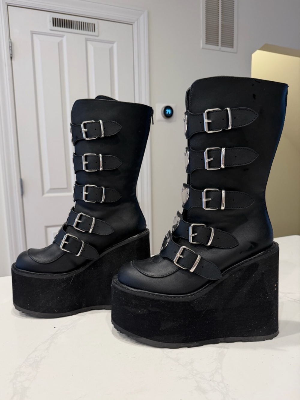 Demonia SWING-230 Platform Mid-Calf Buckle Boots in Black with Heart Accents - Picture 4 of 6